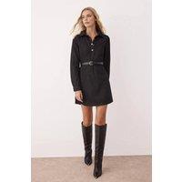 WOVCOR Women's Belted Shirt Collar Long Sleeve Mini Denim Dress in Black | Size: Large