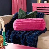 OHS Faux Fur Ribbed Round Bolster Cushion Neck Roll Pillow in Bright Pink