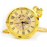 Infinity Leather Mechanical Skeleton Open-Face Chain Pocket Watch in Gold