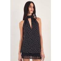 NastyGal Women's Chiffon Polka Dot Neck Tie Elasticated Hem Mini Dress in Mono | Size: 12