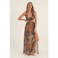NastyGal Women's Mixed Animal Chiffon Knot Detail Cut Out Maxi Beach Dress in Orange | Size: 12