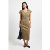Dorothy Perkins Women's Petite Bengaline Belted Button Down Midi Dress in Khaki | Size: 10