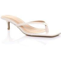 AJVANI Women's Low Kitten Heel Toe Post Slip On Square Toe Heeled Sandals in Ecru | Size: 7