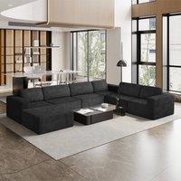 Dprodo Corduroy Modular Sofa, 6 Seater Corner Couch, 25V9 in Black