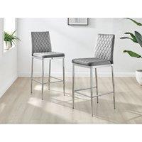 FurnitureboxUK Set of 2 Milan Soft Touch Hatched Velvet Padded Counter Stools With Silver Chrome Metal Legs in Grey