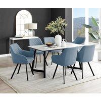 FurnitureboxUK Carson White Marble Effect Dining Table & 6 Falun Black Leg Chairs in Blue