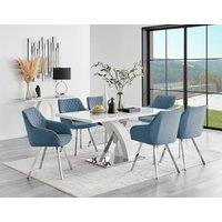 FurnitureboxUK Atlanta 6 White Dining Table & 6 Falun Silver Leg Chairs in Blue