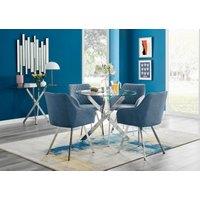 FurnitureboxUK Novara Round Glass Dining Table & 4 Falun Silver Leg Chairs in Blue