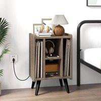 Costway Record Player Stand Vinyl Record Storage Side Table with Power Outlet in Grey