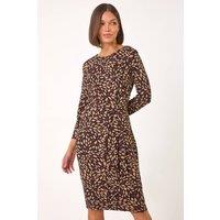 Roman Women's Leaf Print Side Twist Stretch Midi Dress in Tan | Size: 20