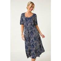 Roman Women's Petite Abstract Stretch Midi Dress in Navy | Size: 12