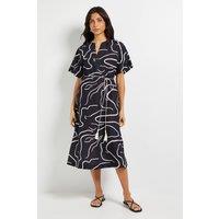 Wallis Women's Abstract Belted Midi Dress in Black | Size: 16
