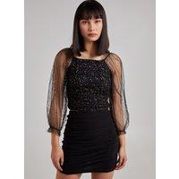 Pink Vanilla Women's Glitter Ruched Top With Sheer Balloon Sleeve in Black | Size: Medium