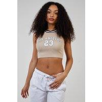 Pink Vanilla Women's Sports Stripe Varsity Super Crop Top in Stone | Size: Large
