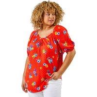 Roman Women's Curve Spot Floral Print Sweetheart Neck Top in Red | Size: 18