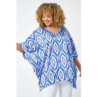 Roman Women's Curve Aztec Print V-Neck Relaxed Tunic Top in Blue | Size: 20