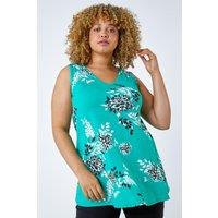 Roman Women's Curve Floral V-Neck Swing Stretch Top in Green | Size: 30-32