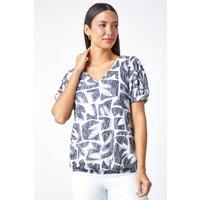 Roman Women's Abstract Burnout V-Neck Blouson Stretch Top in Black | Size: 10