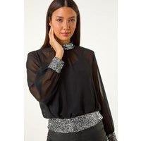 Roman Women's High Neck Chiffon Sequin Stretch Top in Silver | Size: 20