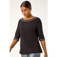 Roman Women's Embellished Neck Stretch Top in Black | Size: 10