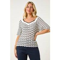 Roman Women's Petite Wave Print V-Neck Knit Jumper in White | Size: 14