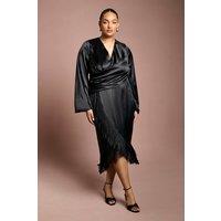Coast Women's Plus Satin Wrap Dress With Fringe Detail in Black | Size: 26