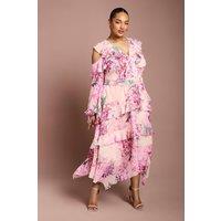 Coast Women's Plus Cold Shoulder Printed Ruffle Midi Dress in Pink | Size: 22