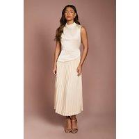Coast Women's Drape High Neck Pleated Skirt Midi Dress in Champagne | Size: 14