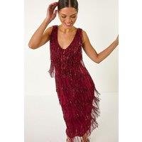 Roman Women's Sequin Tassel Flapper Midi Dress in Red | Size: 8