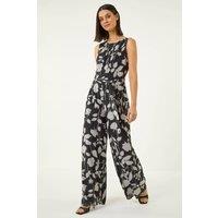 Roman Women's Floral Chiffon Belted Jumpsuit in Black | Size: 14