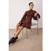 WOVCOR Women's Round Neck Long Sleeve Eyelet Mini Woven Dress with Tie Detail in Brown | Size: 12