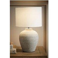 ValueLights Reid Linen Drum Lamp Shade Stone Grey Ribbed Ceramic Table Lamp | Size: Small