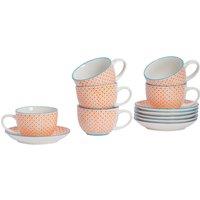 Nicola Spring 24 Piece Hand-Printed Cappuccino Cup & Saucer Set - 250ml in Orange