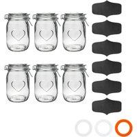 Nicola Spring Heart Glass Storage Jars with Labels - 1 Litre - Pack of 6 in Clear
