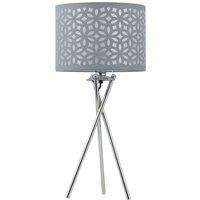 First Choice Lighting Chrome Tripod Table Lamp with Grey Laser Cut Shade in Silver