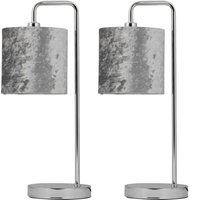 First Choice Lighting Set of 2 Chrome Arched Table Lamps with Grey Crushed Velvet Shades in Silver