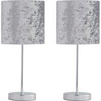 First Choice Lighting Set of 2 Chrome Stick Table Lamps with Grey Crushed Velvet Shades in Silver