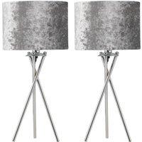 First Choice Lighting Set of 2 Chrome Tripod Table Lamps with Grey Crushed Velvet Shades in Silver