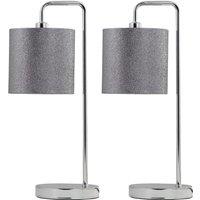 First Choice Lighting Set of 2 Chrome Arched Table Lamps with Grey Glitter Shades in Silver