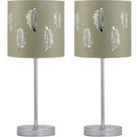 First Choice Lighting Set of 2 Chrome Touch Operated Table Lamps with Sage Green Fern Shades in Silver