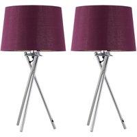 First Choice Lighting Set of 2 Tripod - Chrome Lamp with Burgundy & Gold Fabric Shades in Silver