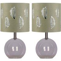 First Choice Lighting Set of 2 Buck - Clear Glass Globe Lamps with Sage Green Fern