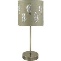 First Choice Lighting Antique Brass Stick Table Lamp with Sage Green Fern Shade in Bronze