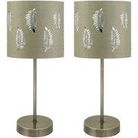 First Choice Lighting Set of 2 Antique Brass Stick Table Lamps with Sage Green Fern Shades in Bronze