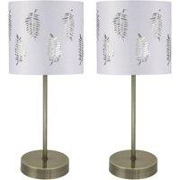 First Choice Lighting Set of 2 Antique Brass Stick Table Lamps with White Fern Shades in Bronze