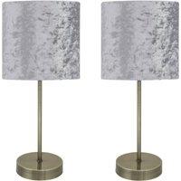 First Choice Lighting Set of 2 Antique Brass Stick Table Lamps with Grey Velvet Shades in Bronze