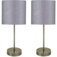 First Choice Lighting Set of 2 Antique Brass Stick Table Lamps with Grey Glitter Shades in Bronze