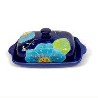 Verano Spanish Ceramics Classic Spanish Hand Painted Butter Dish 19cm L x 12cm W (internal 4cm H) Blue Flower | Size: 19 cm L x 12 cm W