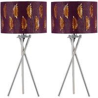 First Choice Lighting Set of 2 Chrome Tripod Table Lamps with Burgundy Fern Cut Out Shades in Silver