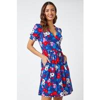 Roman Women's Floral Frill Sleeve Wrap Dress in Blue | Size: 20